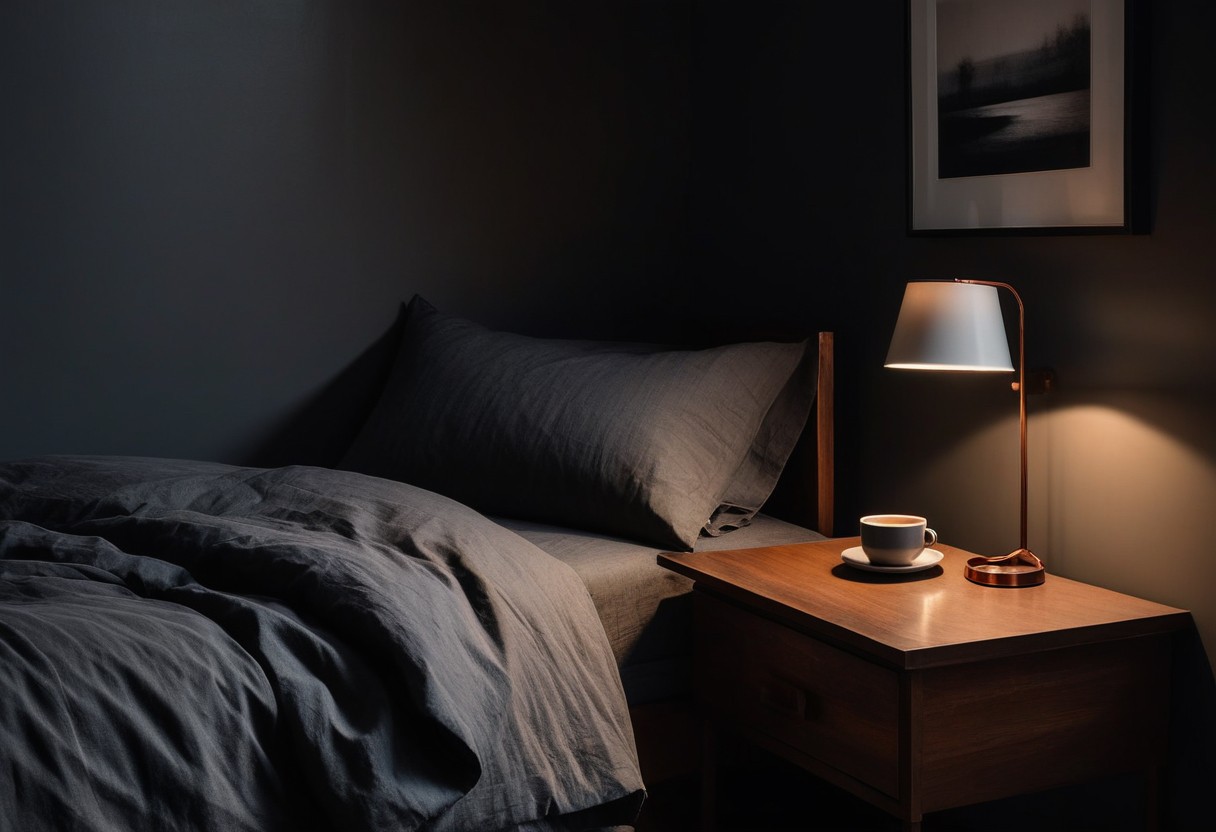 Unmade bed with folded collar on pillow, coffee cup on nightstand, open doorway to adjacent room in soft morning light.