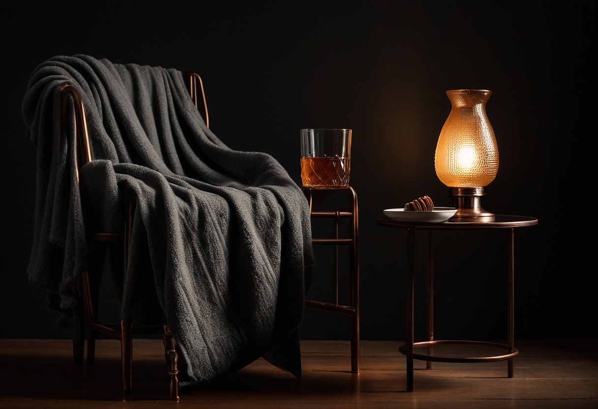 A blanket drapes over a wooden chair beside a table holding a glass of water and honey jar, illuminated by warm lamplight.