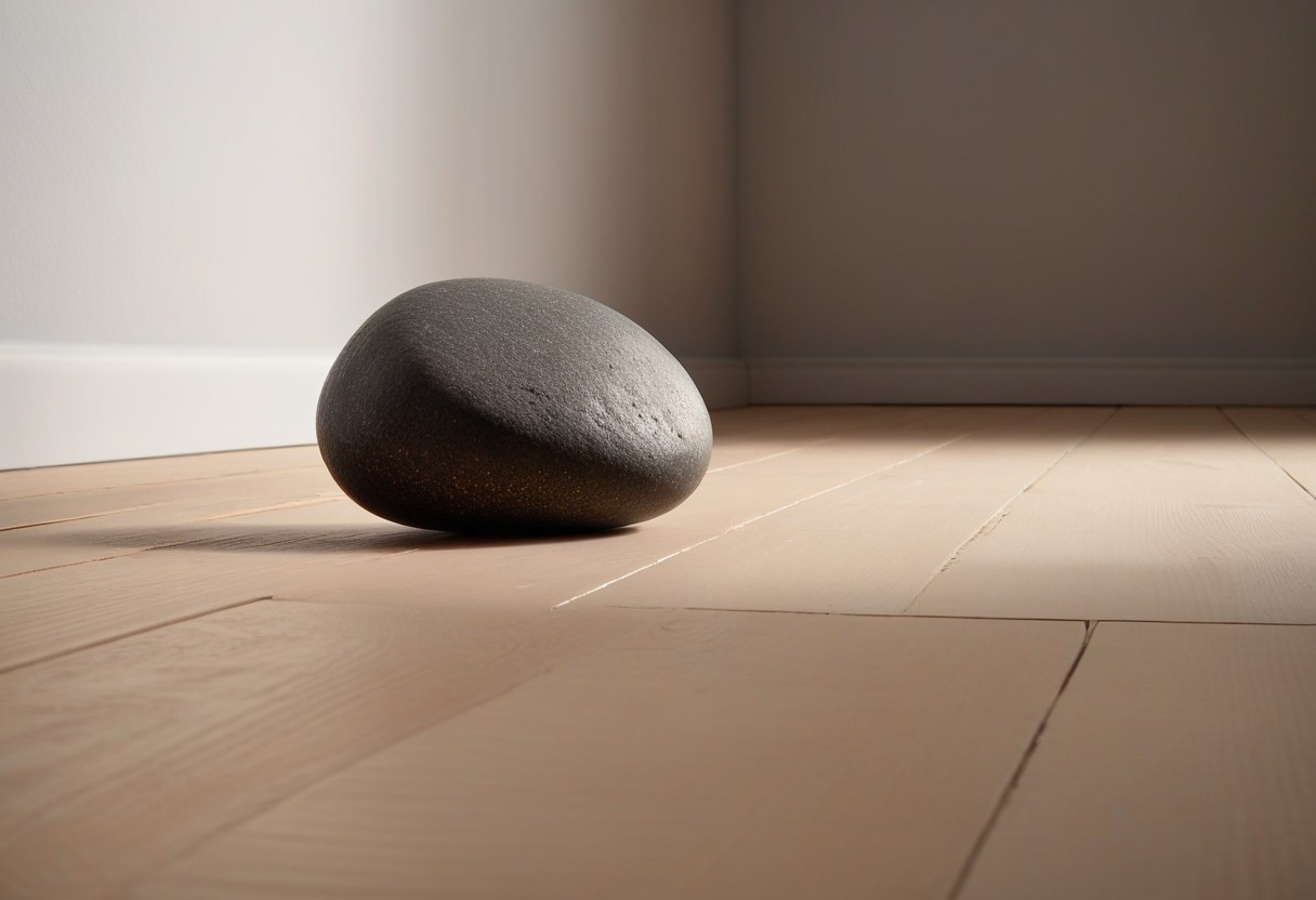 A single smooth pebble rests on pale wood flooring against a white wall in soft, even light.
