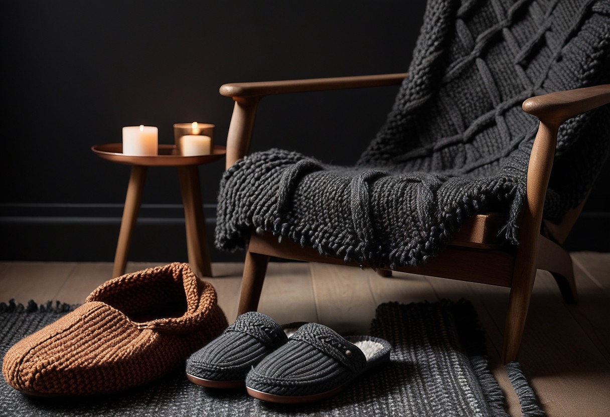 A deep armchair with a knitted throw draped over it, adult slippers positioned on the rug beside it.