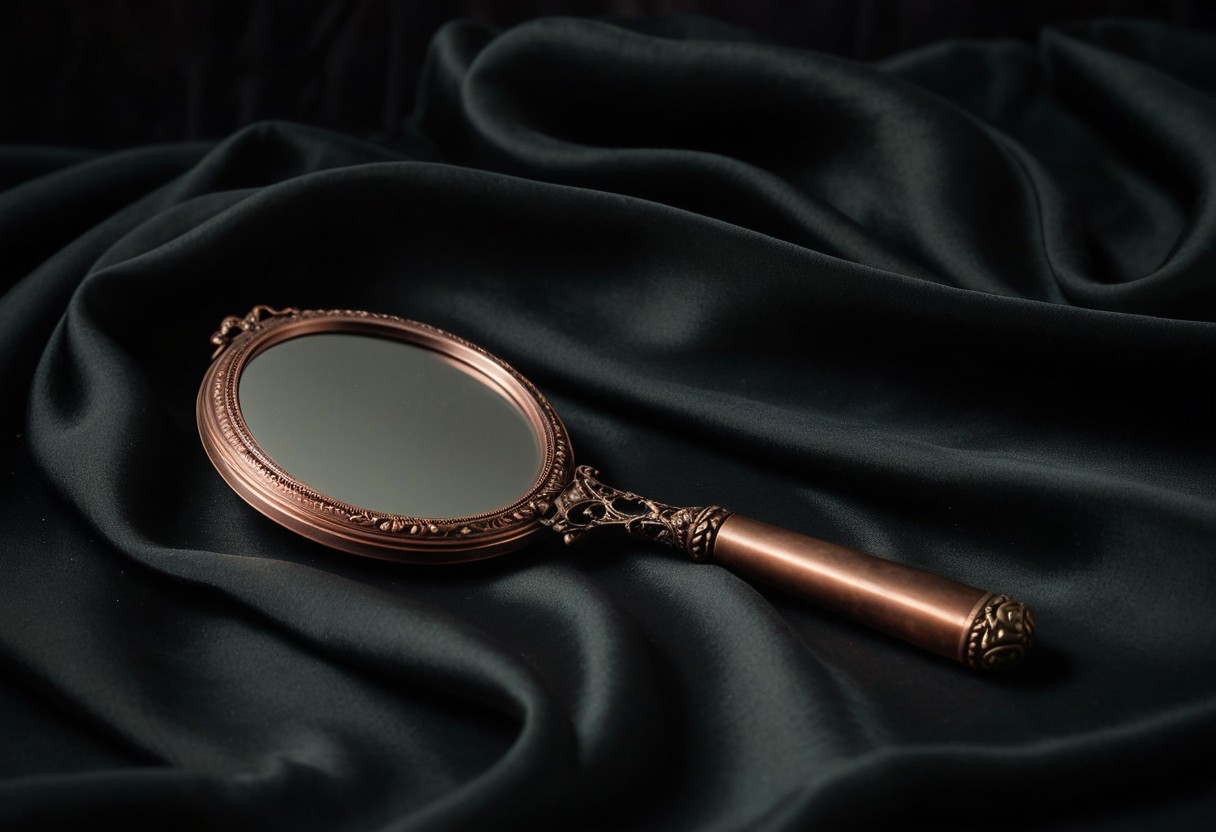 A fogged antique hand mirror face-up on dark fabric beside a length of draped silk, soft copper light, no reflection visible, lit by a single warm lamp against a dark background.