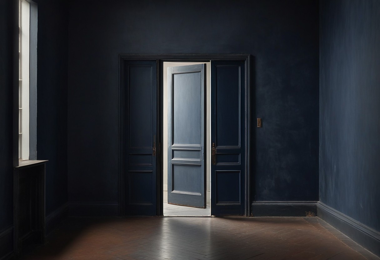 Two doors facing each other across an empty hallway, one painted deep indigo, one soft grey, morning light streaming equally through both, lit by a single warm lamp against a dark background.