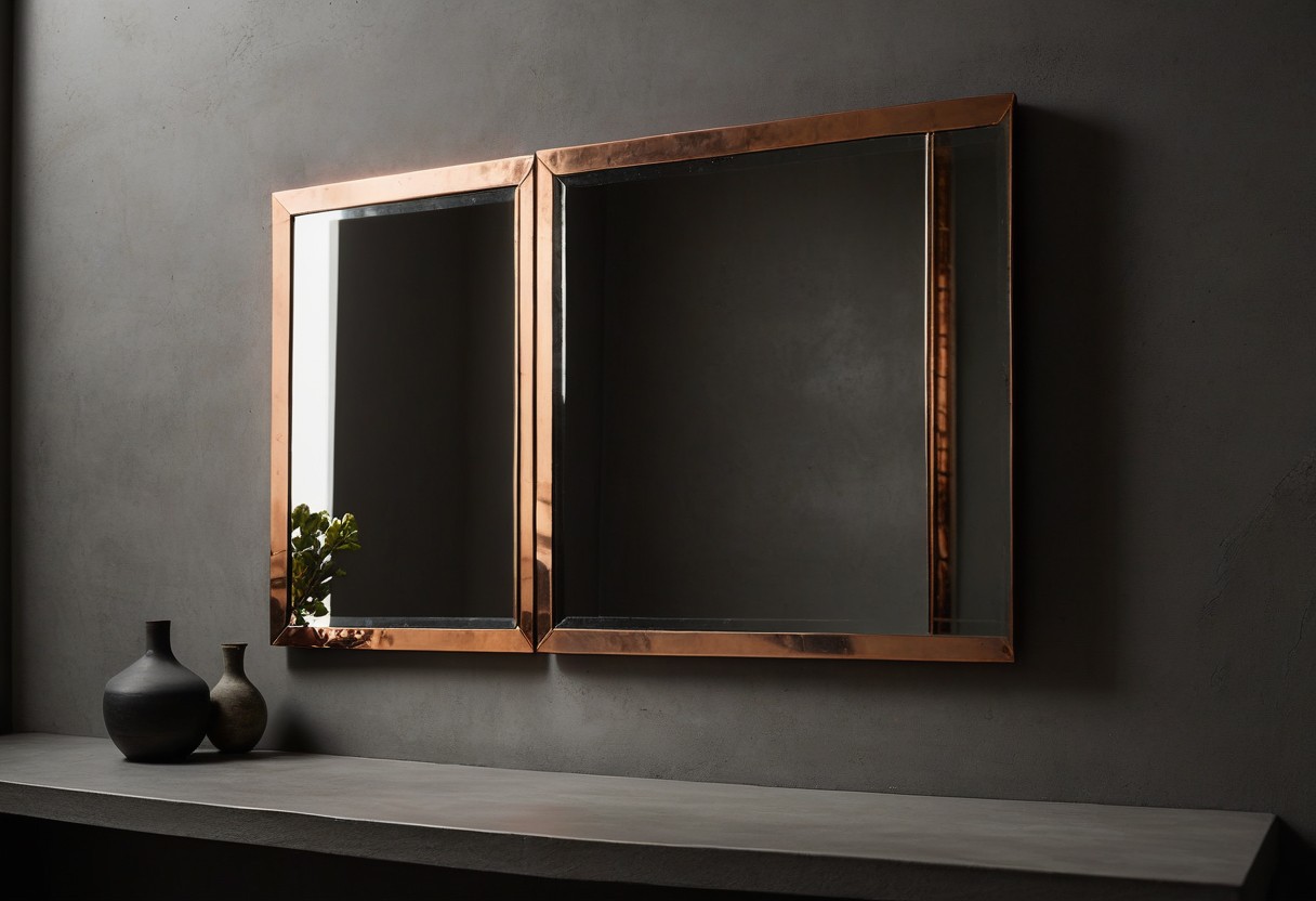 Two angled mirrors reflect light onto a textured concrete surface, creating geometric patterns of illumination and shadow.