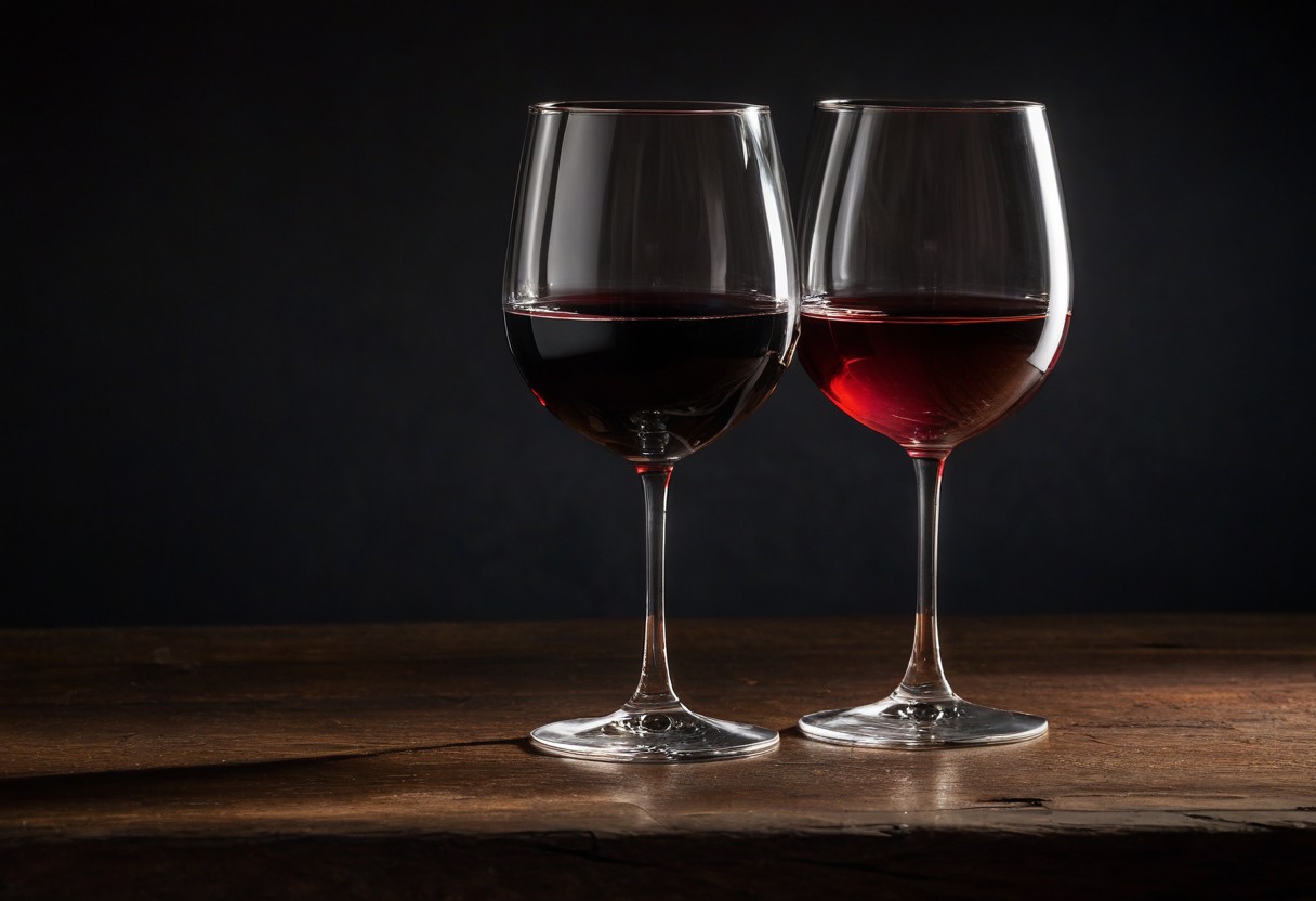 Two wine glasses, one filled with red wine and one with white wine, sit side by side on a wooden table, casting overlapping shadows.