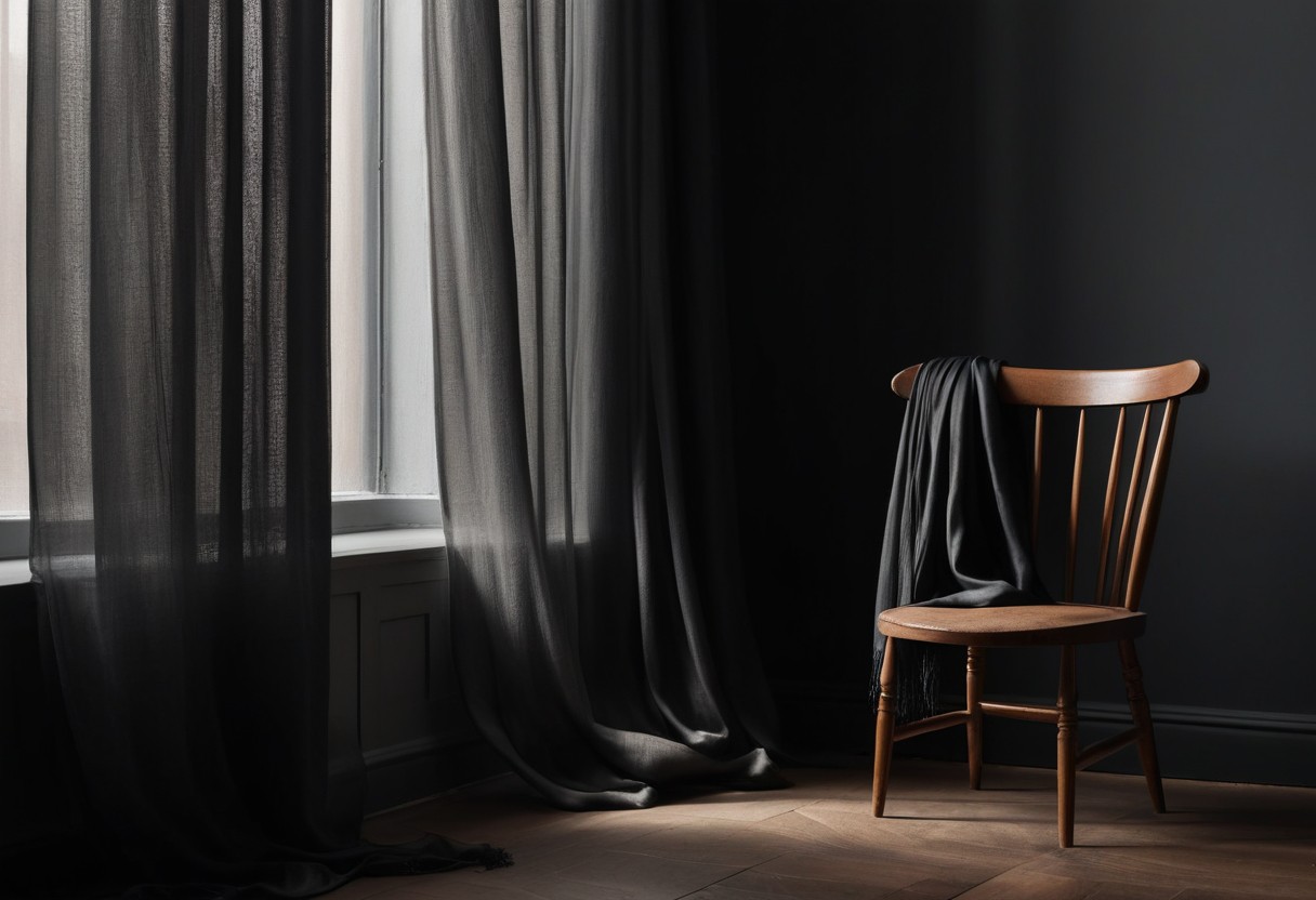Folded silk scarf draped on wooden chair in empty room with soft light filtering through sheer curtain.