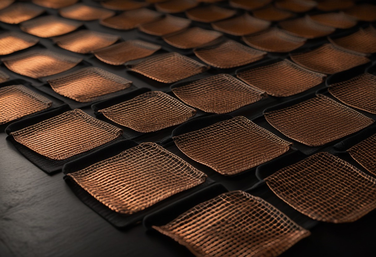 Sterile gauze pads arranged in descending rows on brushed steel surface with amber light highlighting their texture.