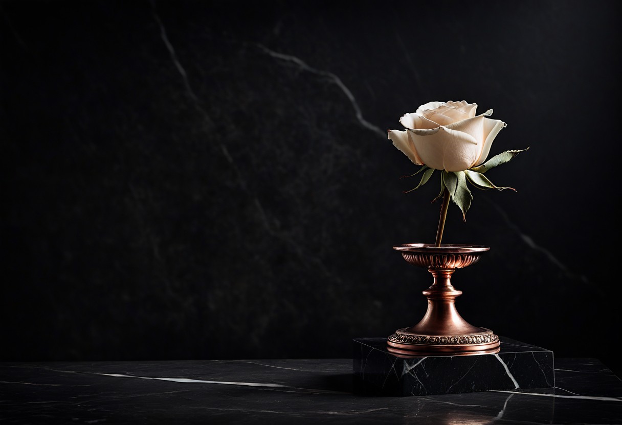 Polished marble pedestal with single white rose stem resting across its surface, dramatic side lighting emphasizing the stone's veining, lit by a single warm lamp against a dark background.