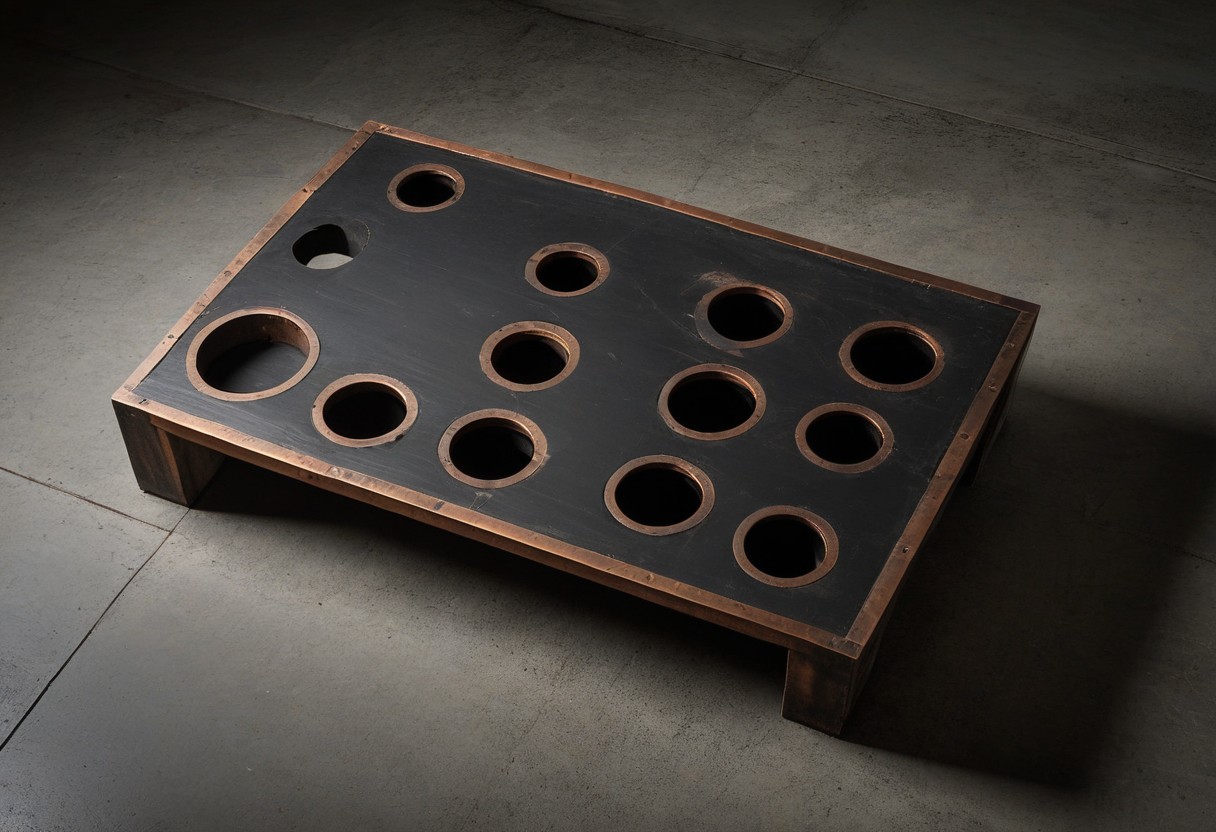 Wooden restraint device with four circular holes, viewed from above on concrete surface under bright light.