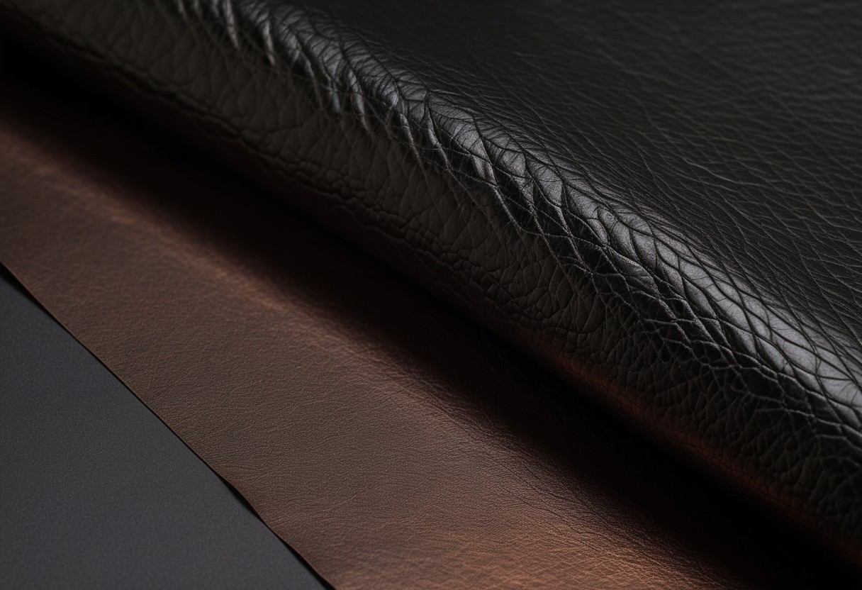 A material study of folded black latex, worn leather grain and pale silk layered on a dark surface, macro texture detail, lit by a single warm lamp against a dark background.