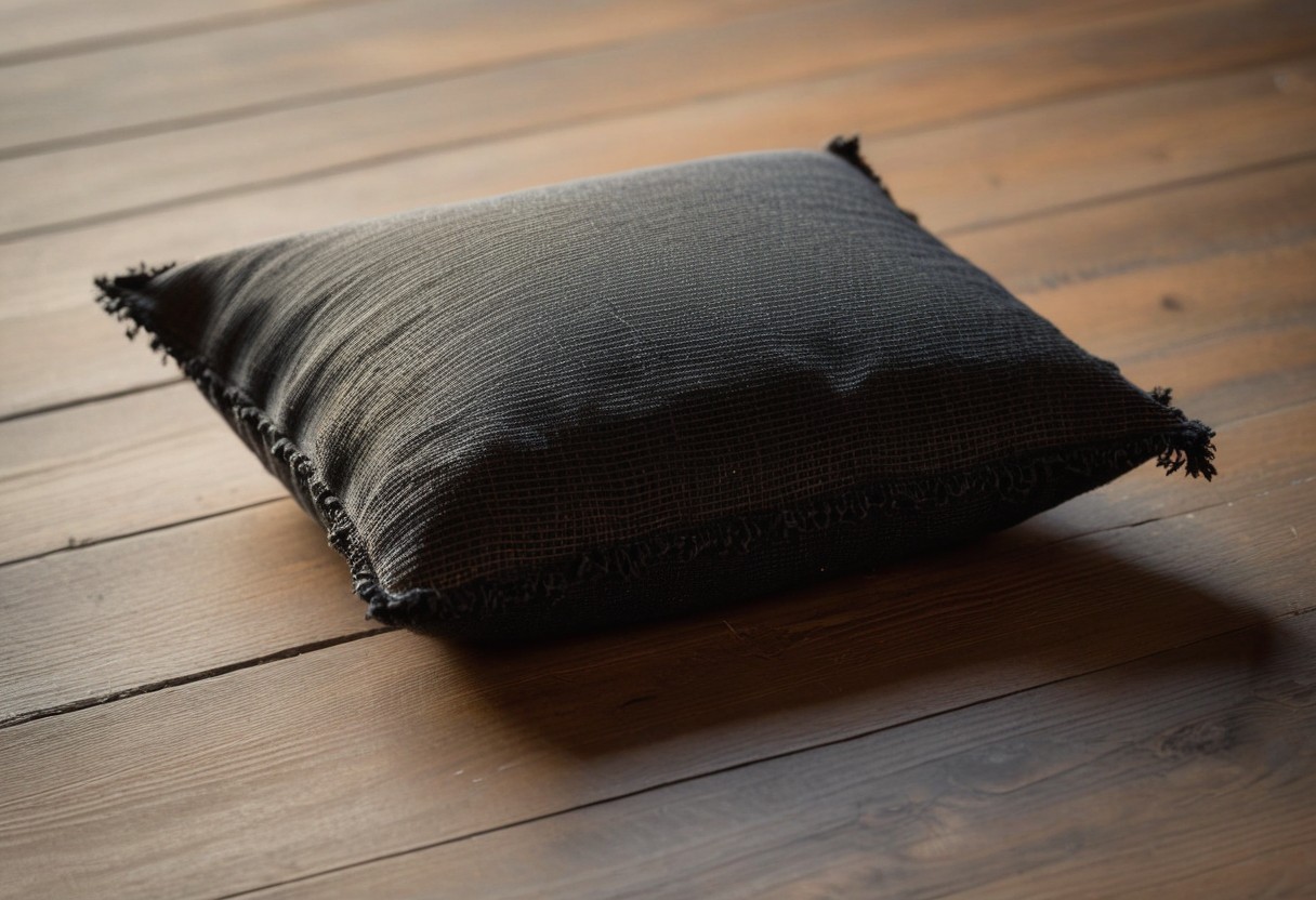 Kneeling cushion on pale wood floor with soft indentation, backlit by diffused morning light through sheer fabric.