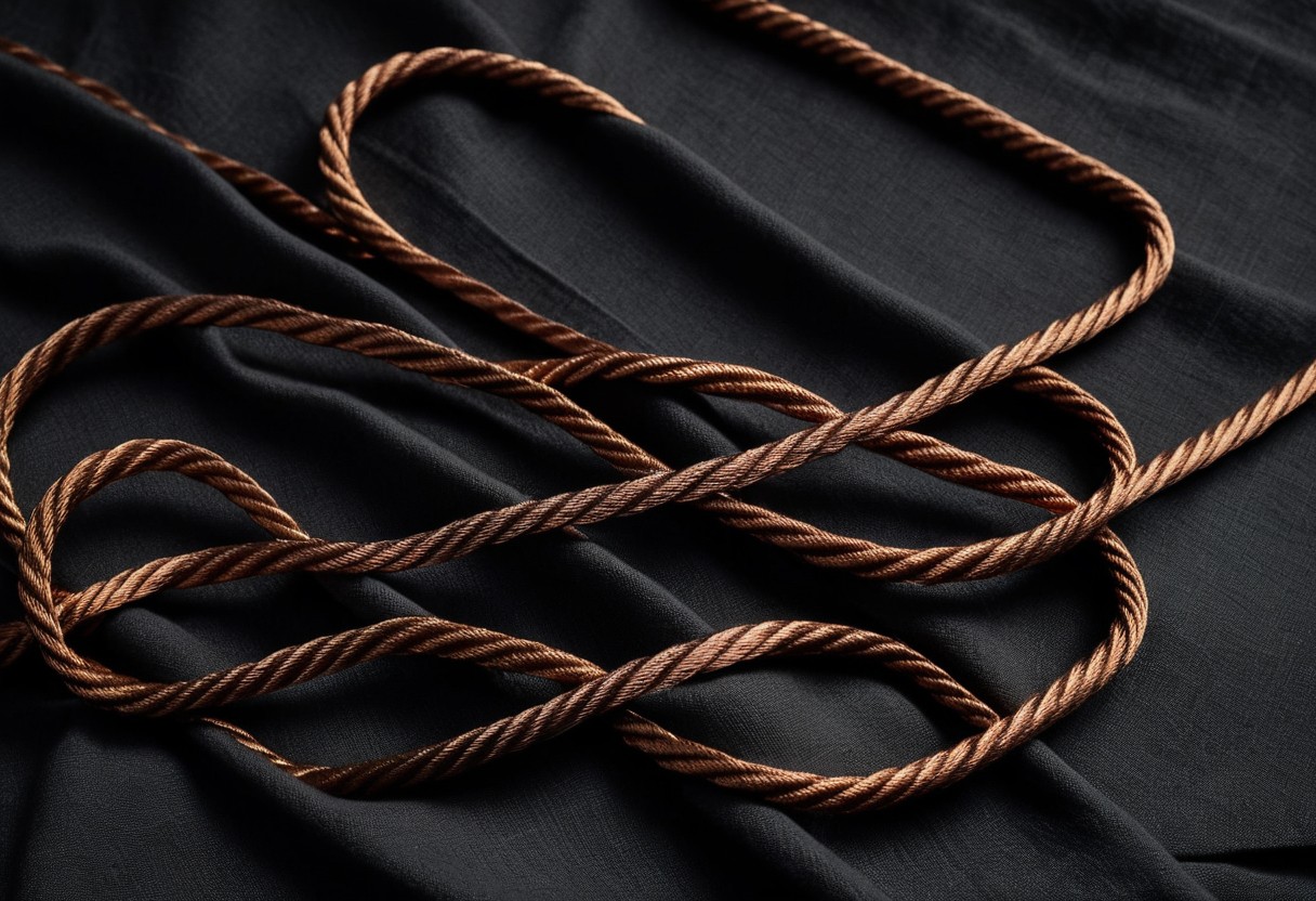 Four parallel rectangular loops of folded silk rope on charcoal linen with geometric shadows.