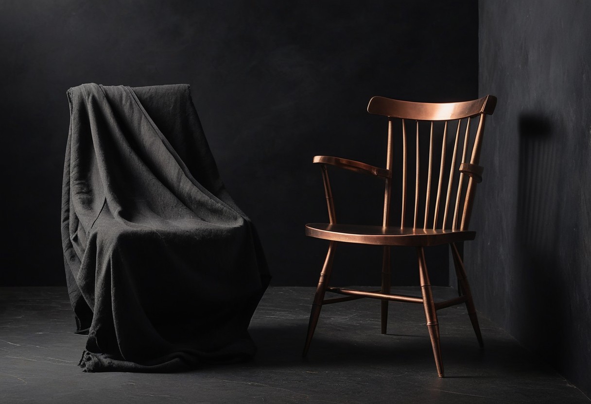 Two empty high-backed chairs on dark stone with a folded dark garment draped over one armrest, positioned slightly toward each other.