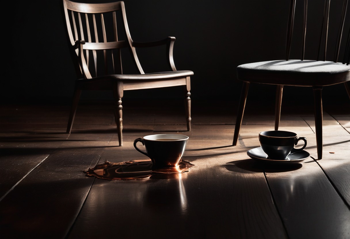 Wooden chair tilted beside overturned teacup with spilled liquid on polished surface, illuminated by morning light.