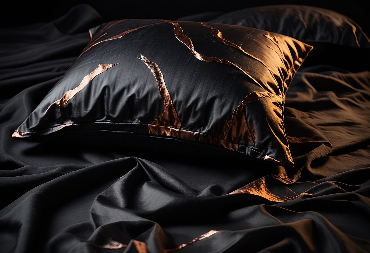 Wet silk pillowcase with melted ice marks and amber light creating shadows across rumpled fabric.