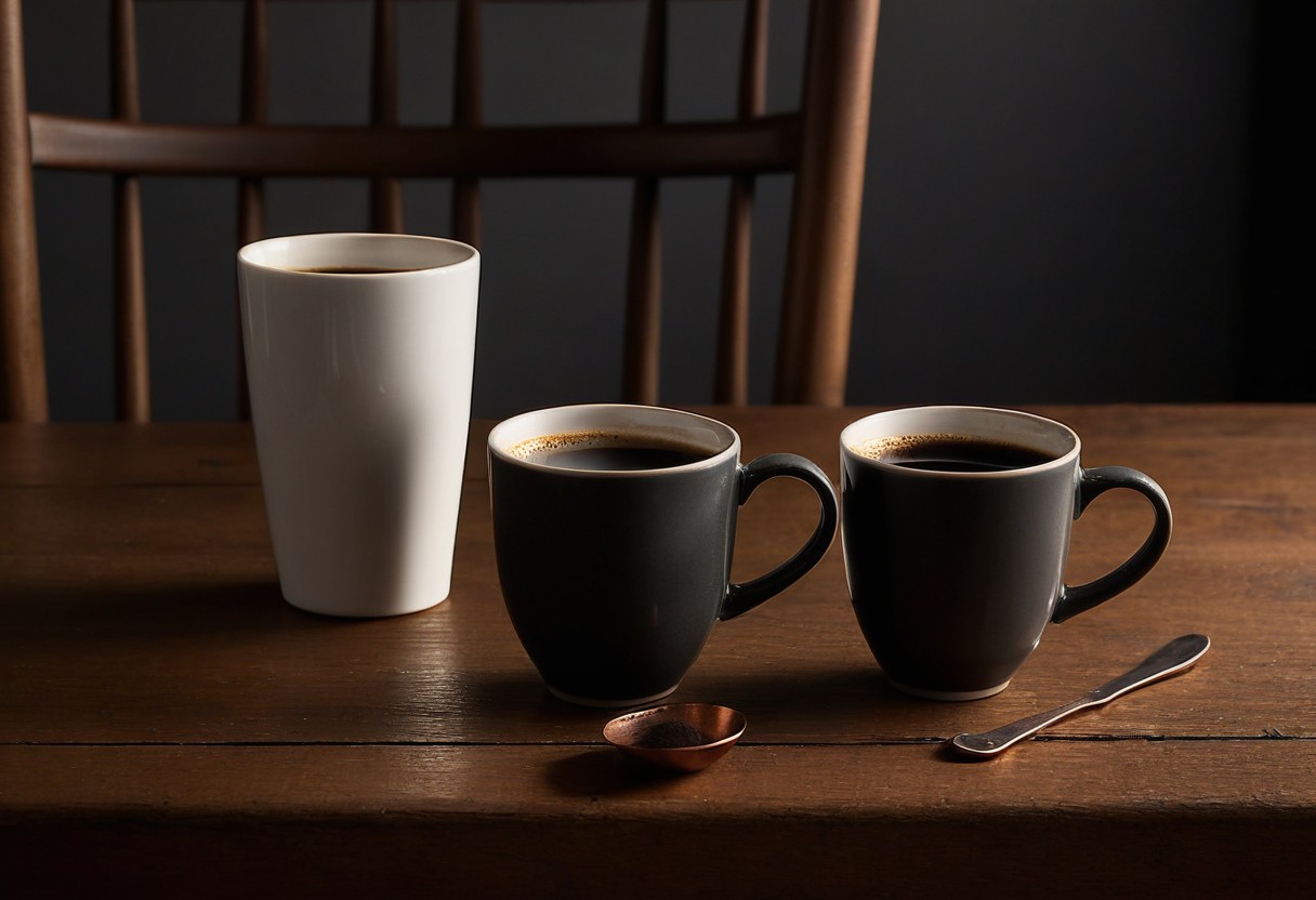 Two ceramic coffee cups sit on a wooden table in warm evening light, one partially filled and one empty.