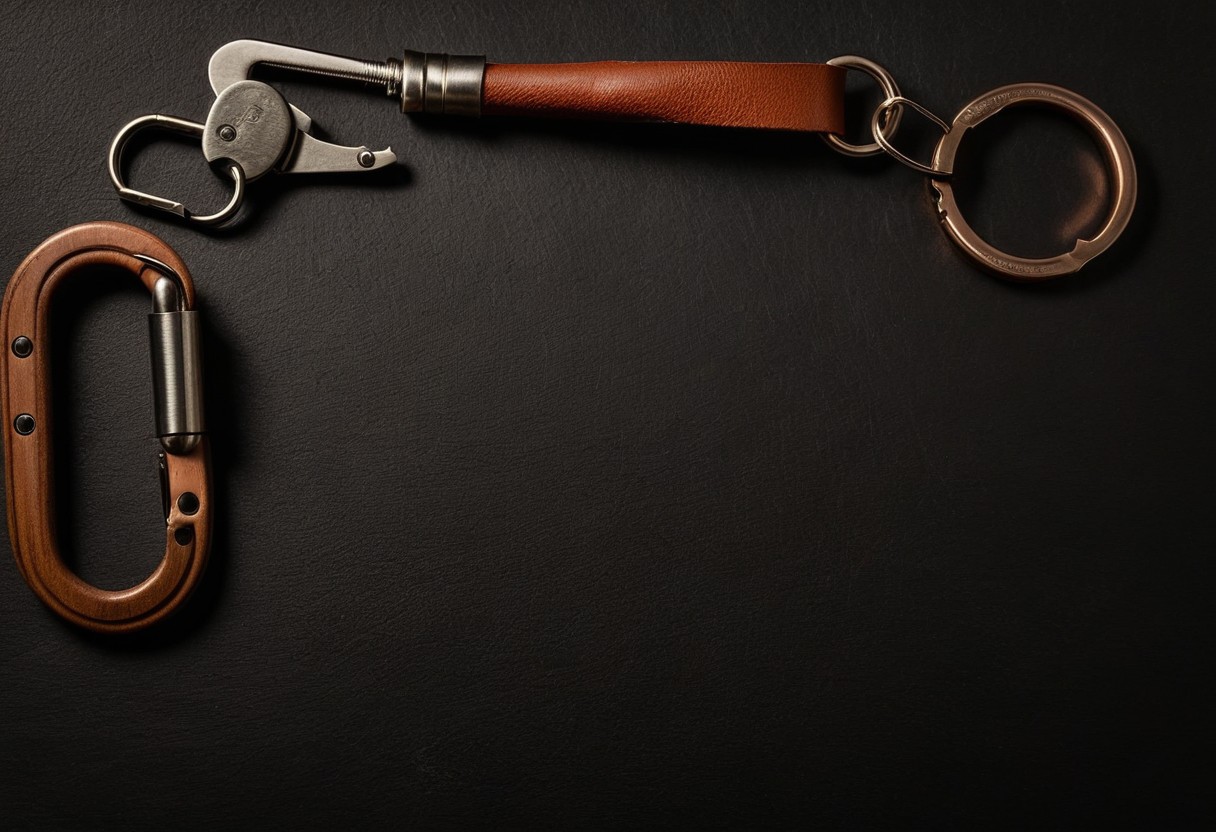 Leather cuffs, a wooden paddle and a steel carabiner arranged in a clean flat lay on dark canvas, workshop still life, lit by a single warm lamp against a dark background.