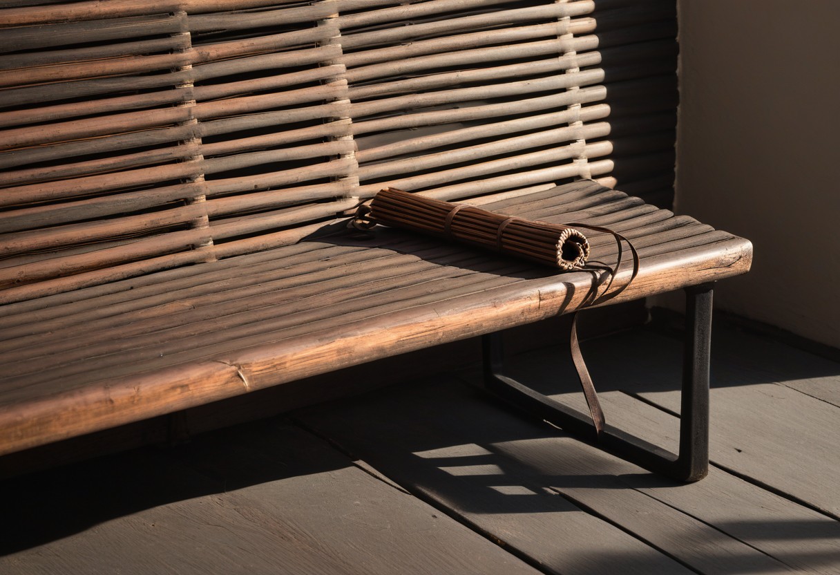 Thin rattan cane rests diagonally across weathered wooden bench, casting a sharp linear shadow in morning light.