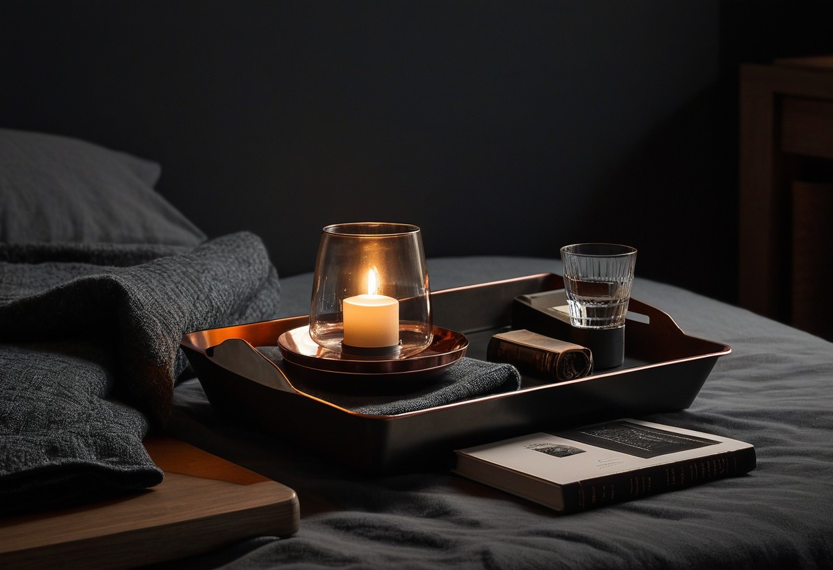 A wooden tray holds a glass of water, folded blanket, and open paperback beside a warm lamp.