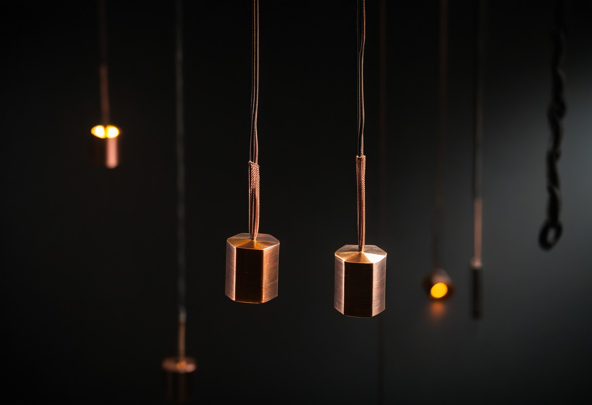 Metal weights of varying sizes hang suspended from thin steel cables against a dark background, illuminated by warm amber light.