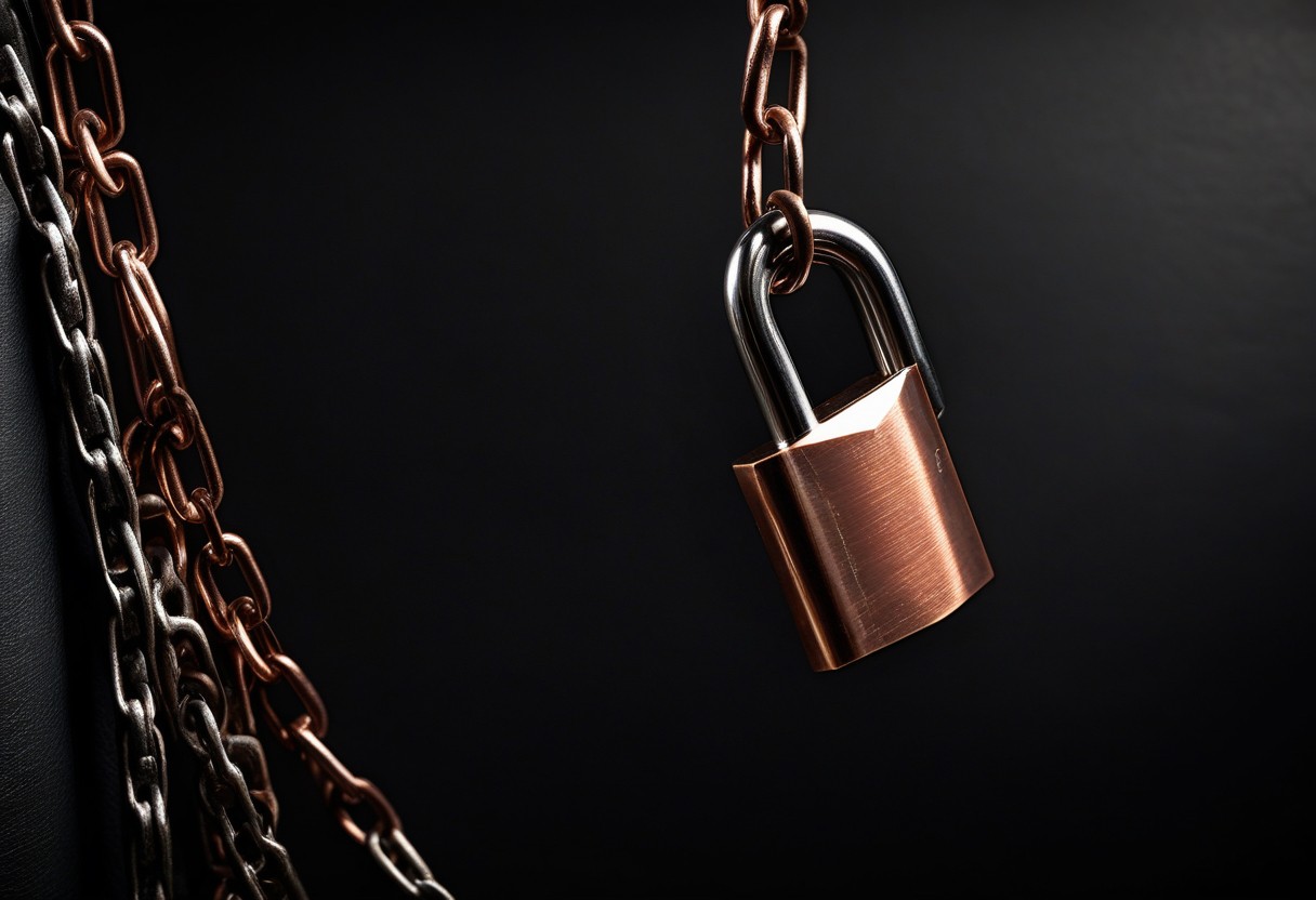 Polished steel padlock and chain arranged on dark leather surface under cool studio lighting.