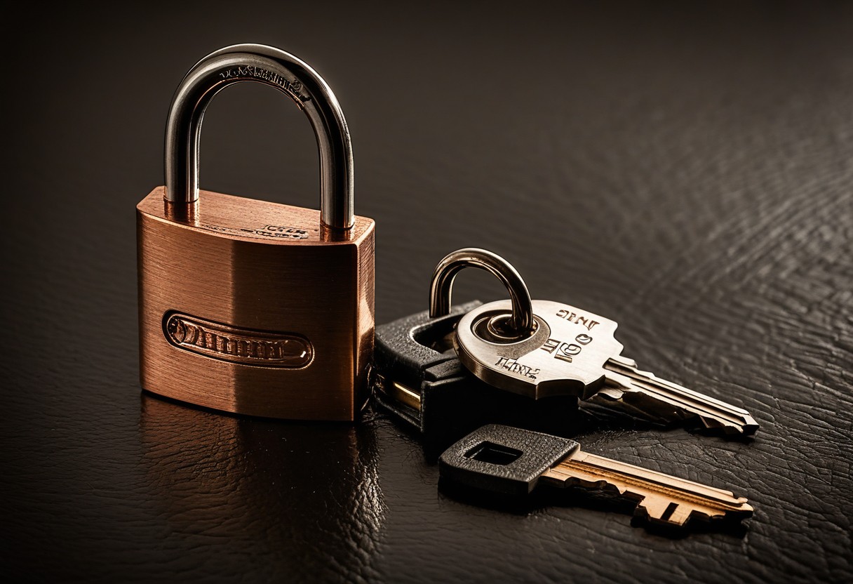Polished steel padlock and key on dark leather, illuminated by warm light highlighting metal texture and scratches.