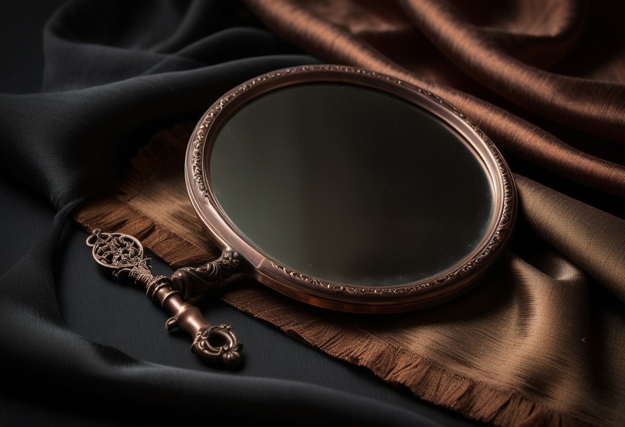 A fogged antique hand mirror face-up on dark fabric beside a length of draped silk, soft copper light, no reflection visible, lit by a single warm lamp against a dark background.