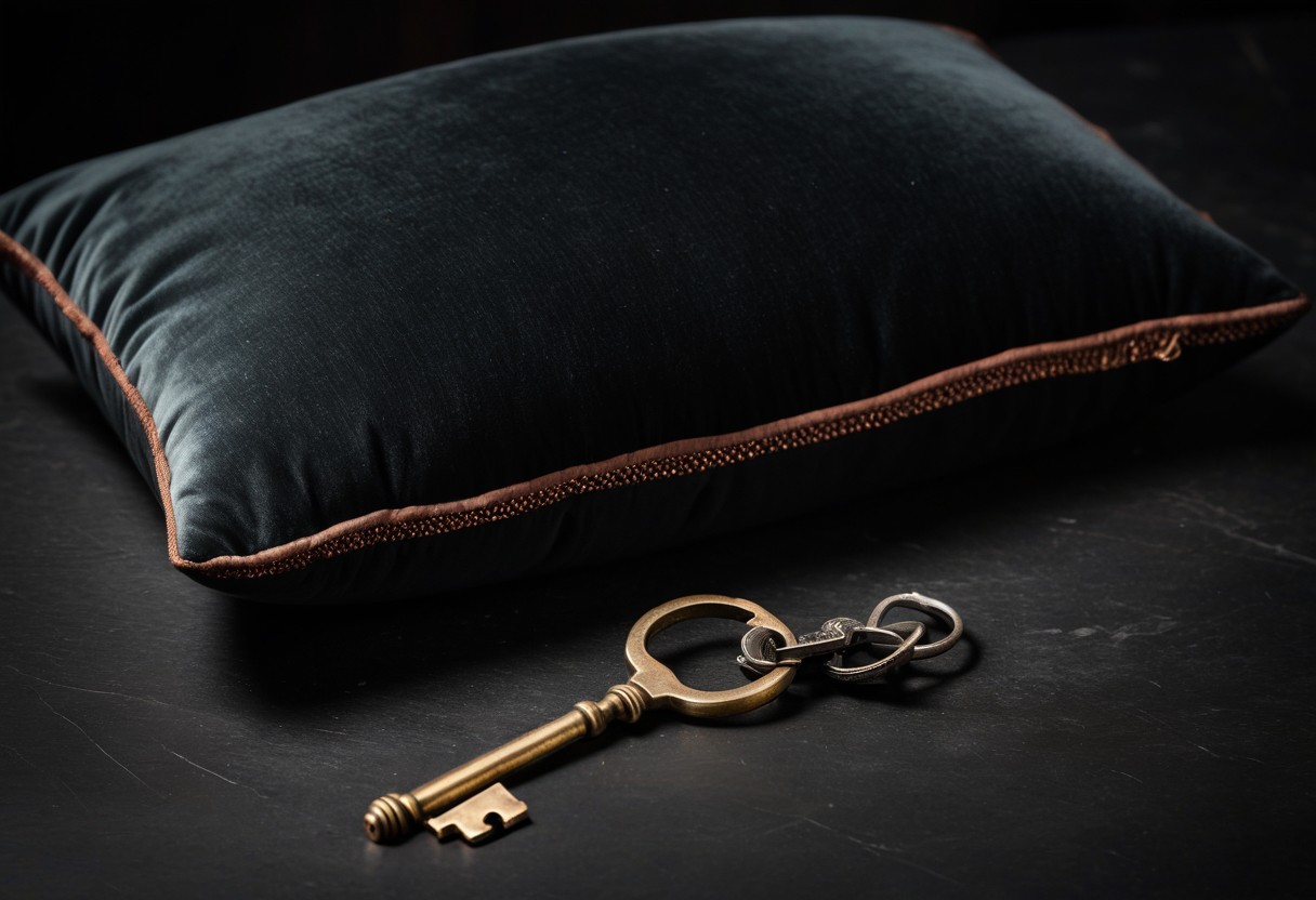 Two keys, one brass and one silver, rest side by side on a velvet cushion in soft morning light.