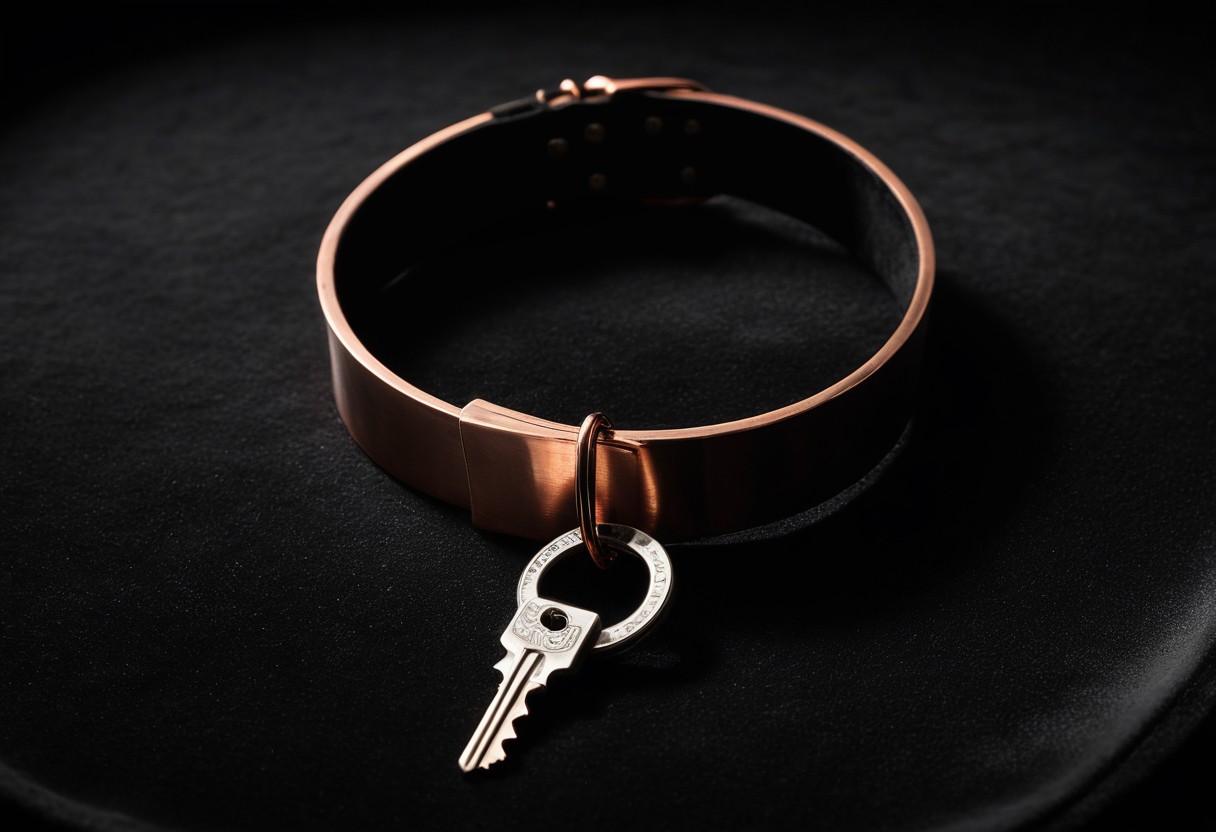 Polished steel collar with D-ring on black velvet fabric, illuminated by studio spotlight creating defined shadows.