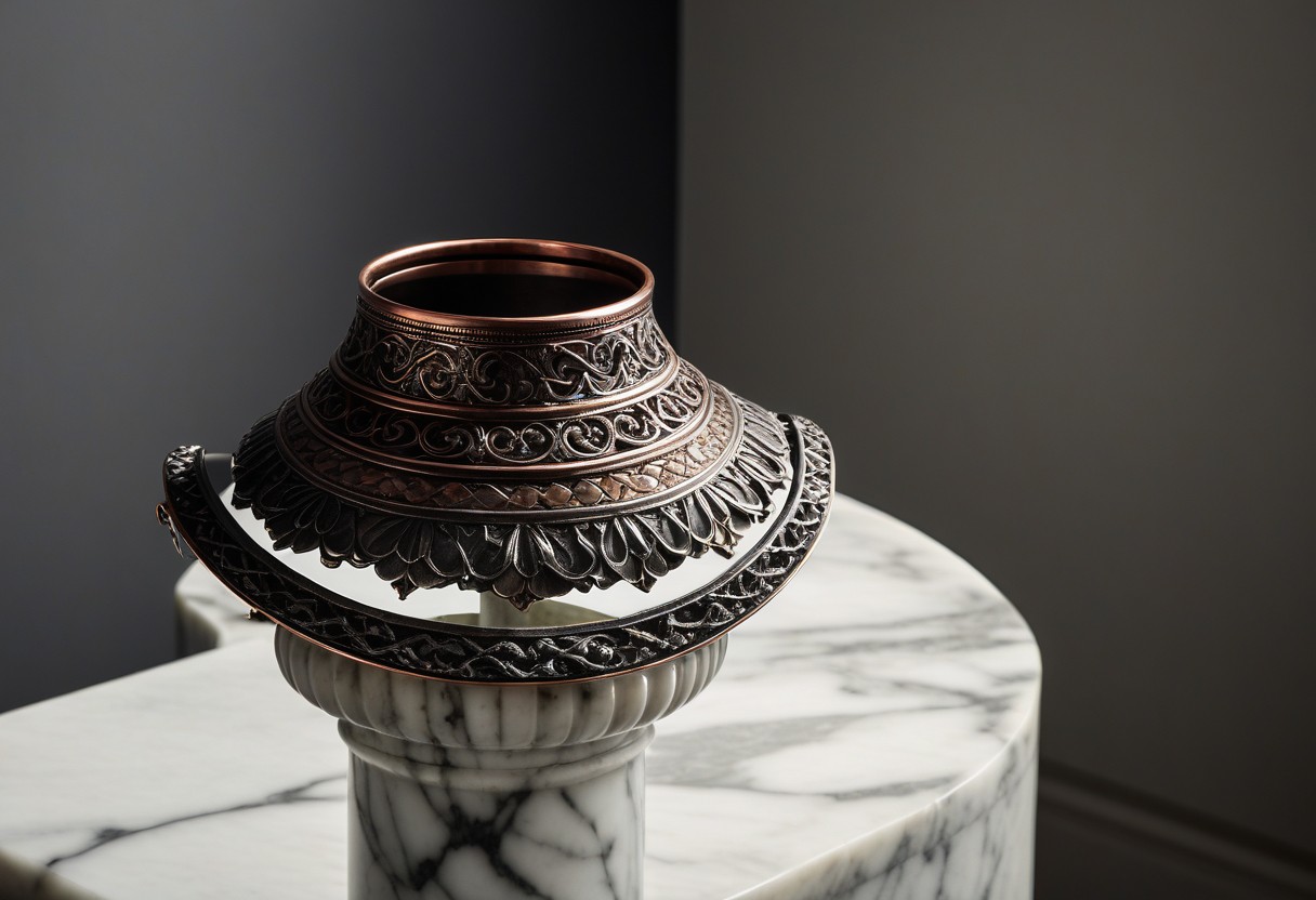 Ornate silver collar lies open on a white marble pedestal with sharp shadow cast behind it in morning light.
