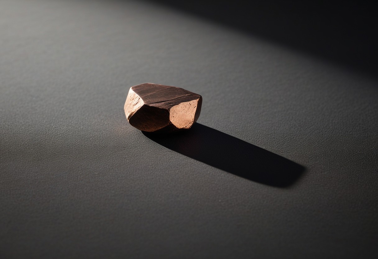 Polished stone on white surface with elongated shadow cast at an angle.