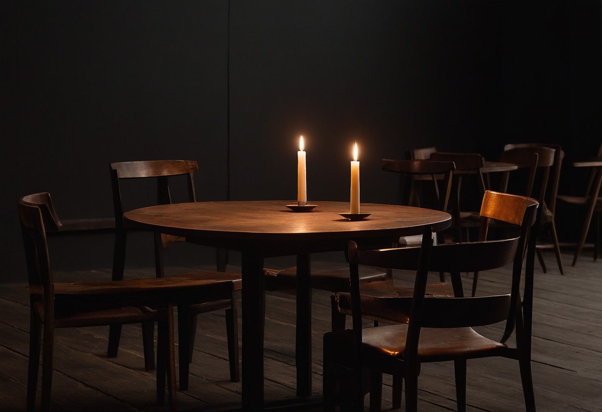 Empty chairs arranged in a circle around a wooden table with an unlit candle at center.