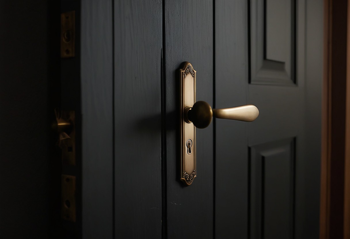 Wooden door with brass deadbolt viewed from inside, light filtering beneath the frame.