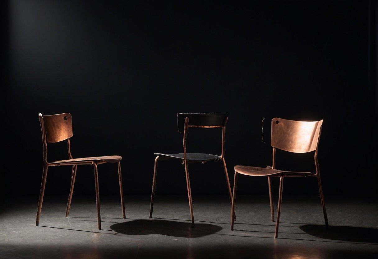 Two wooden chairs face away from each other with a crumpled paper between them on a wooden floor, lit by soft overhead light.