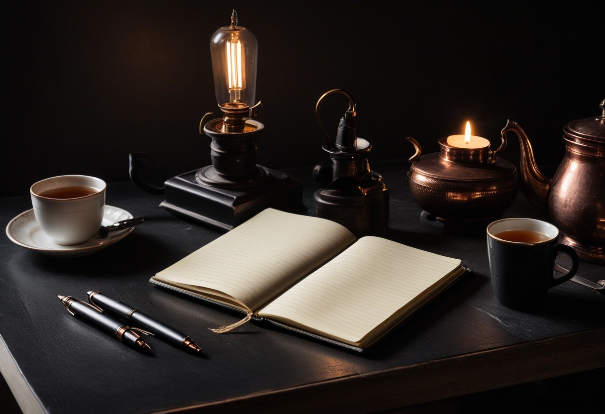 Open notebook with fountain pen across pages, warm lamplight, two teacups beside on dark desk.
