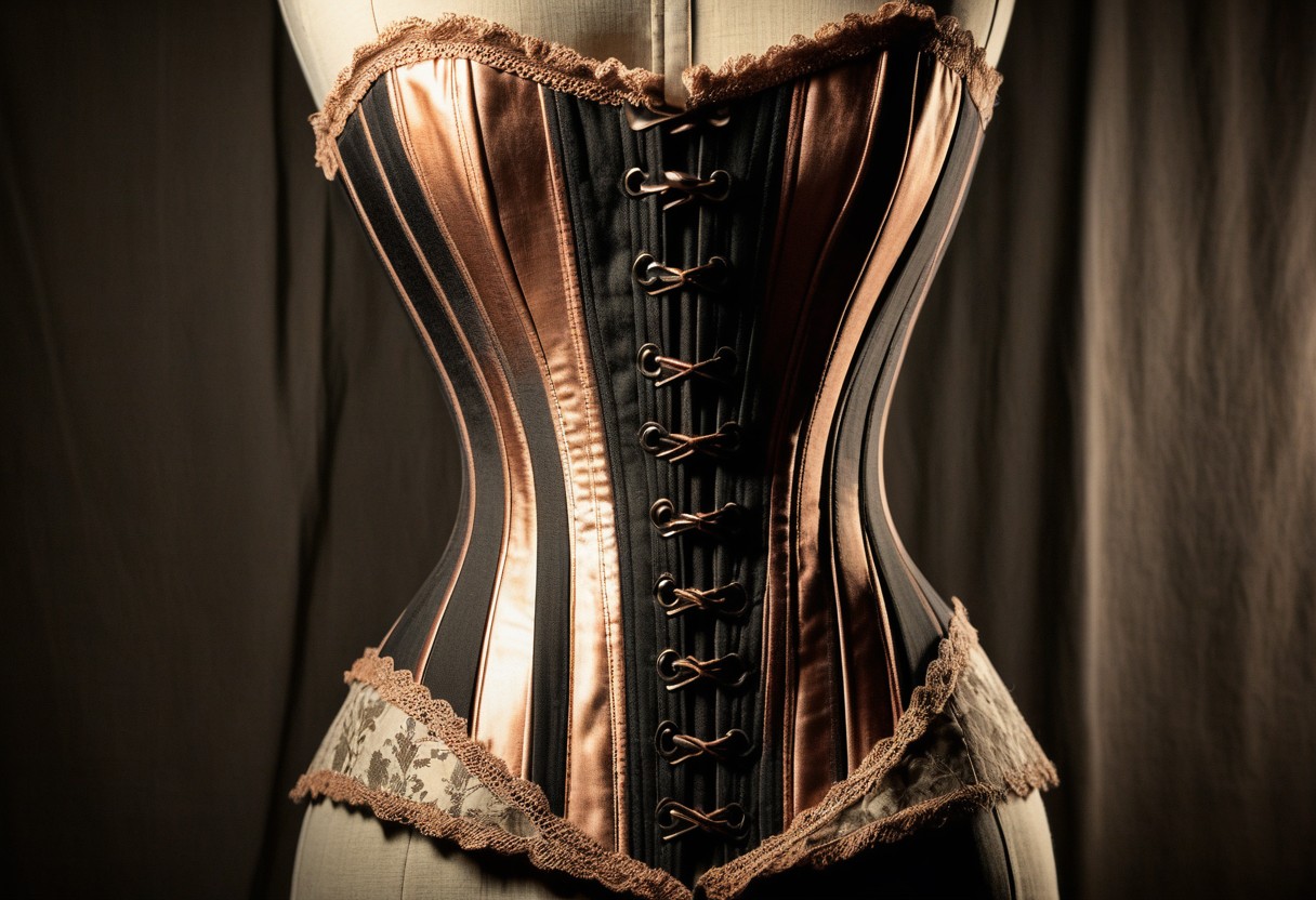 Steel corset boning and stays arranged on wrinkled linen fabric with strong directional lighting creating sharp shadows.