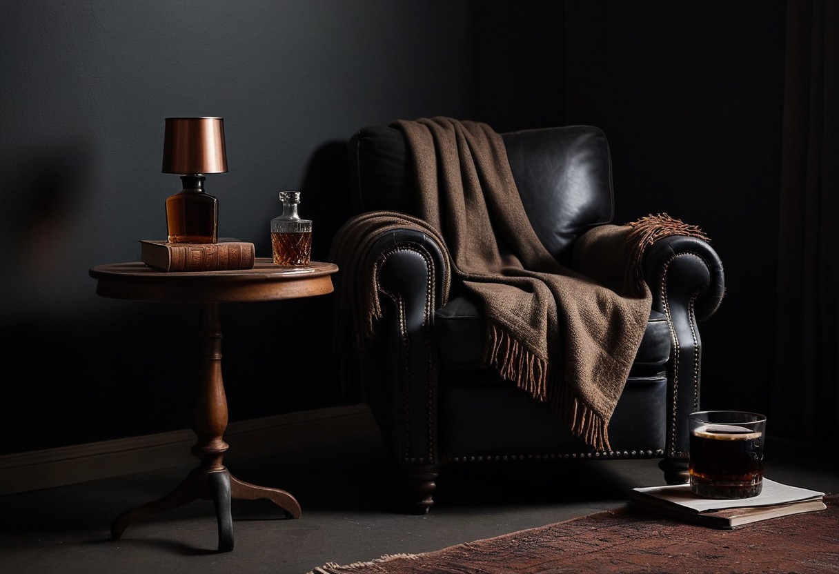 Worn leather armchair with folded wool throw, whiskey tumbler and open paperback on adjacent side table.
