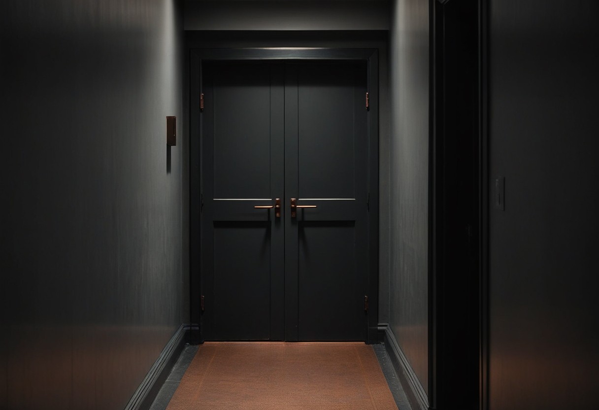 Two wooden doors face each other across a plain, empty hallway lit by soft natural light.