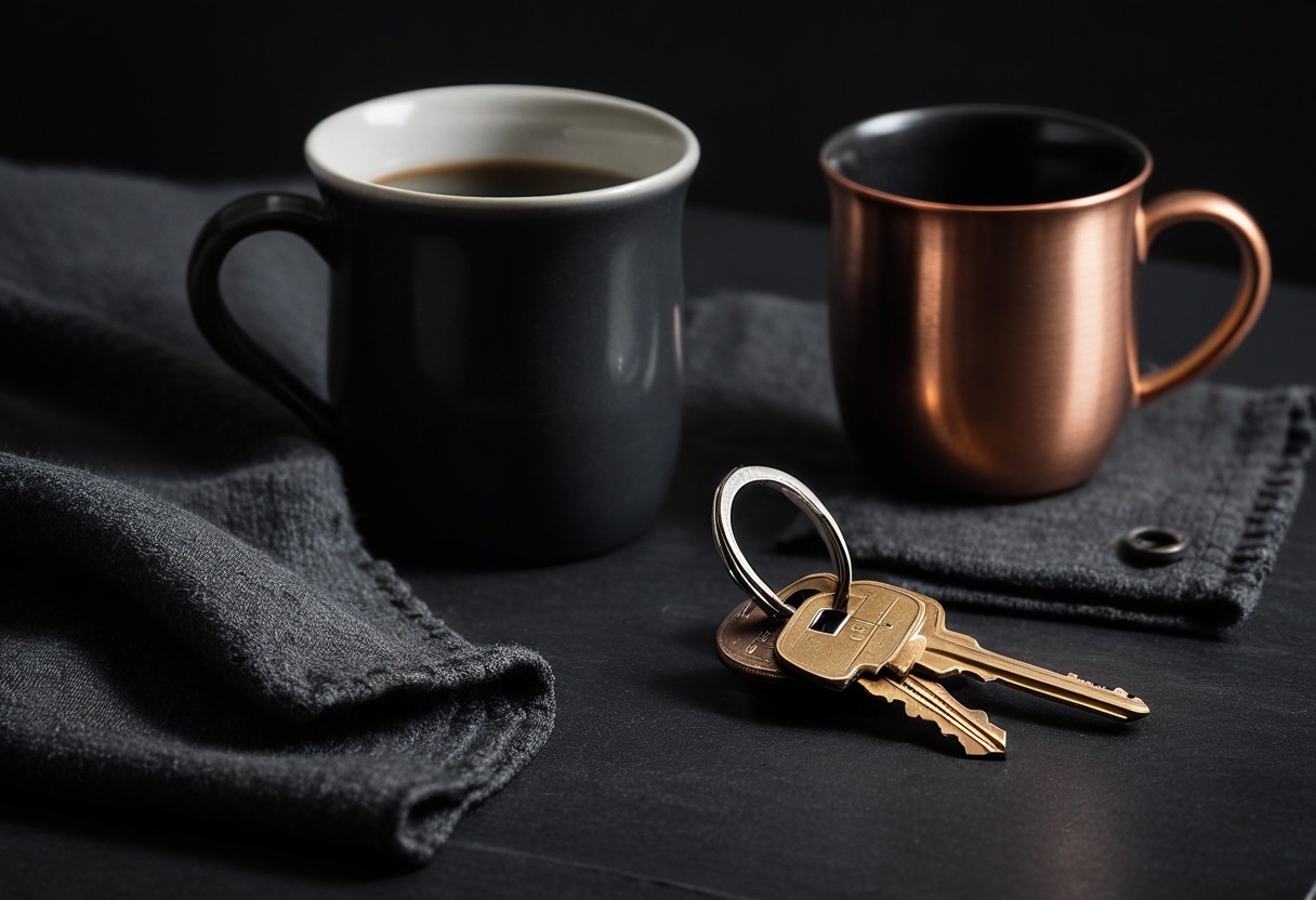 Two ceramic mugs sit on a wooden table next to a folded cream blanket and a set of keys.
