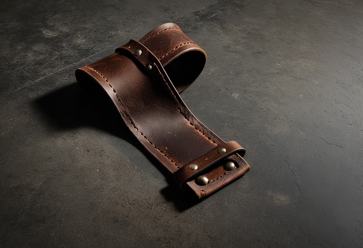 Leather cuff with metal buckle rests on concrete floor under bright overhead lighting, creating a dark shadow.