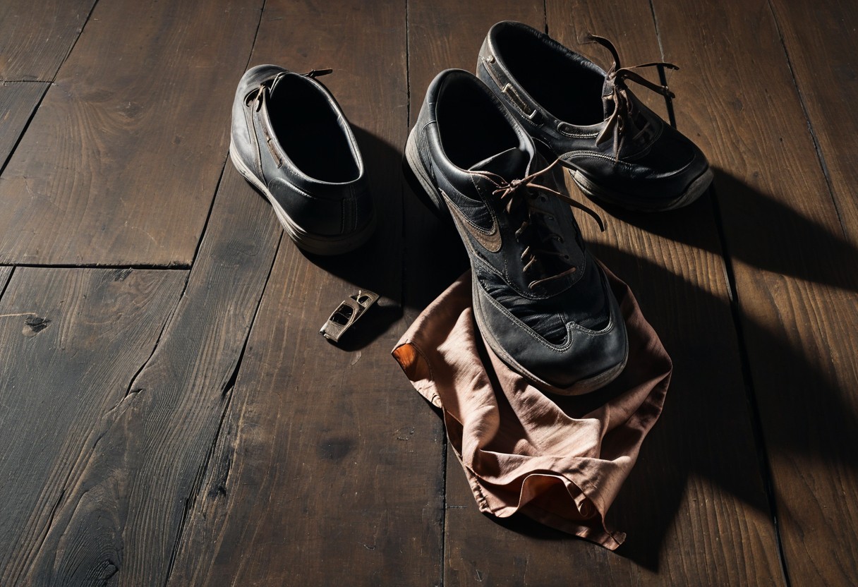 Crumpled silk handkerchief and discarded shoe on wooden floorboards with harsh overhead lighting casting a long shadow.