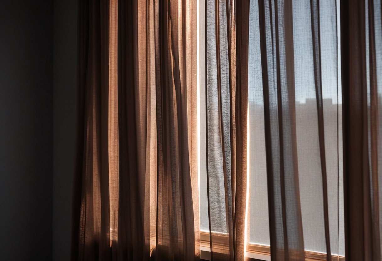 Sheer curtain half-drawn across a bright window, translucent fabric catching soft afternoon light, half the room illuminated, half in gentle shadow, lit by a single warm lamp against a dark background.