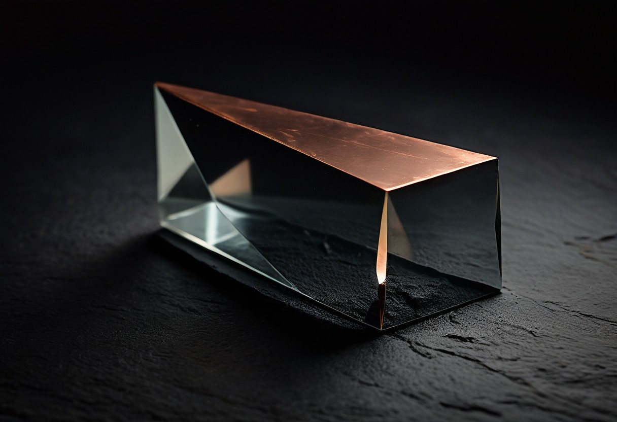 A glass prism on dark stone refracts warm light into a soft spectrum across the surface.