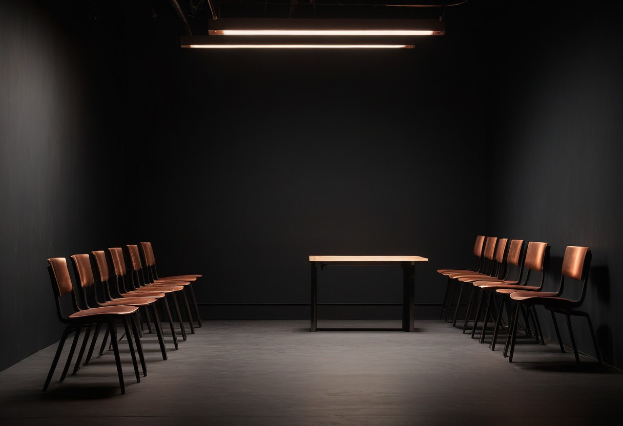 Wooden chairs arranged in a circle beneath a single overhead light against dark walls.