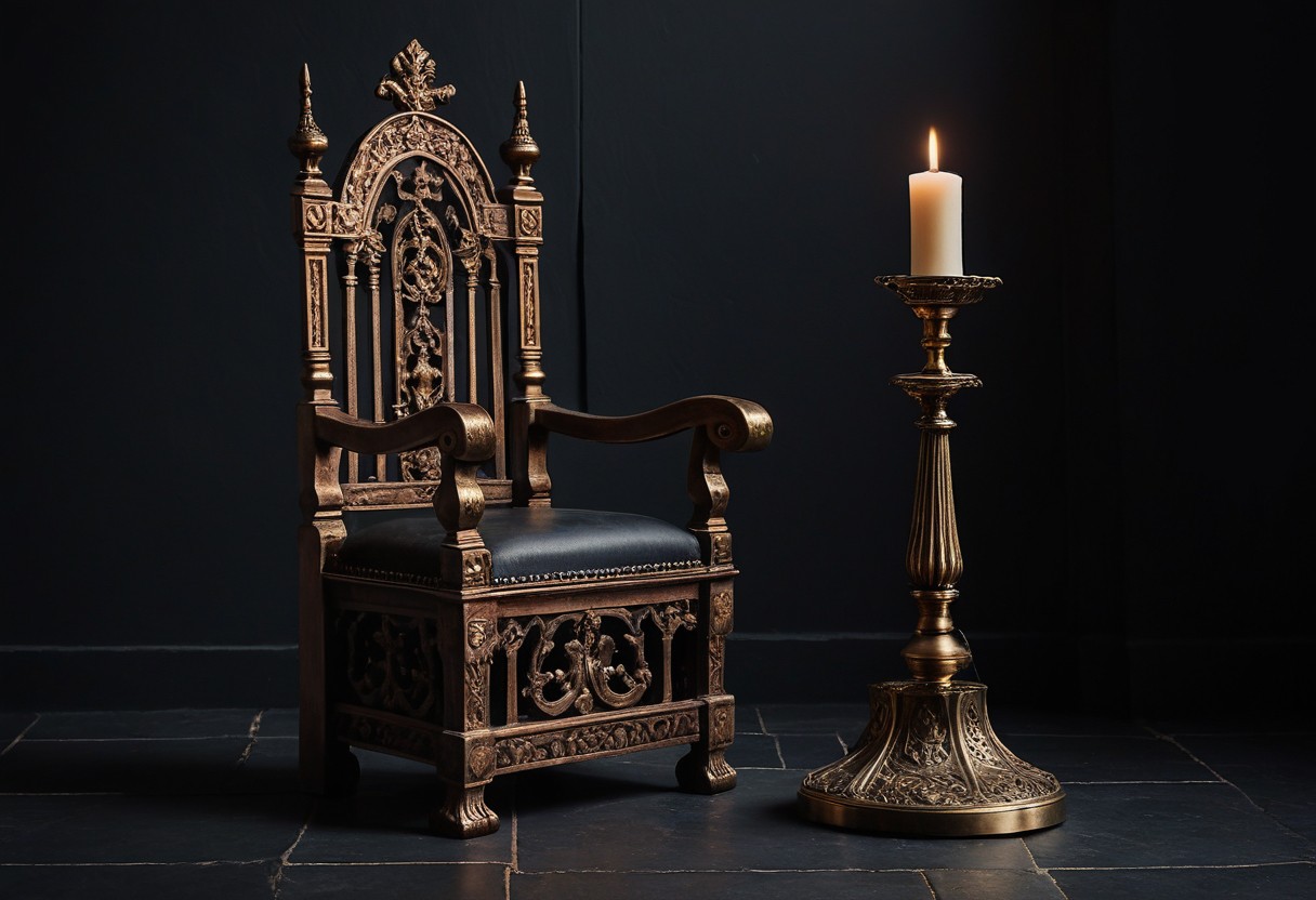 Ornate wooden throne with empty seat beside a brass candlestick on dark stone flooring.