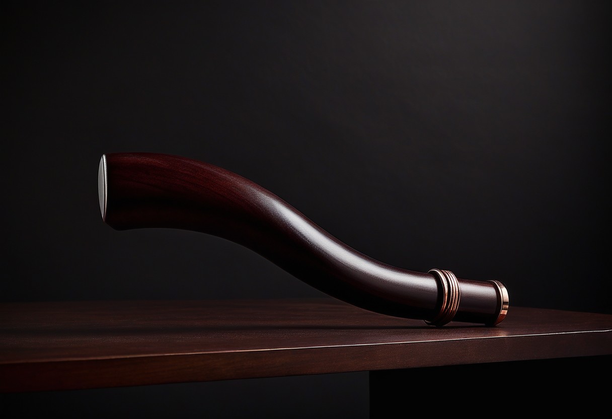 Polished mahogany armrest with a leather cuff draped across it, illuminated by warm sidelight against a dark background.