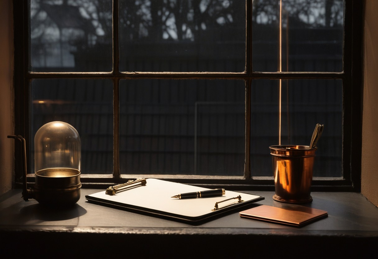 A clipboard rests on a windowsill with amber light streaming through glass, overlooking an empty outdoor play area.