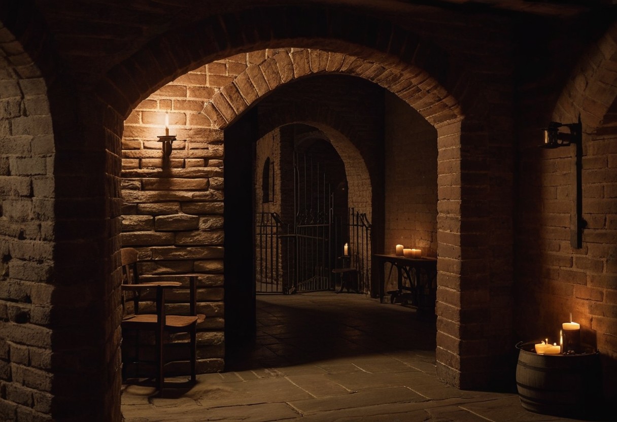 Stone archway frames a candlelit basement interior with iron rings set in brick walls and shadowed wooden furniture.
