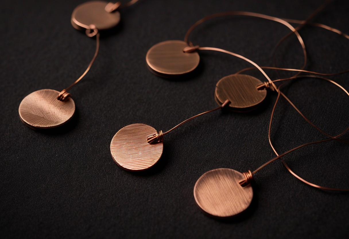 Copper electrode pads arranged on dark fabric with fine wires coiled between them, amber light catching metallic sheen.
