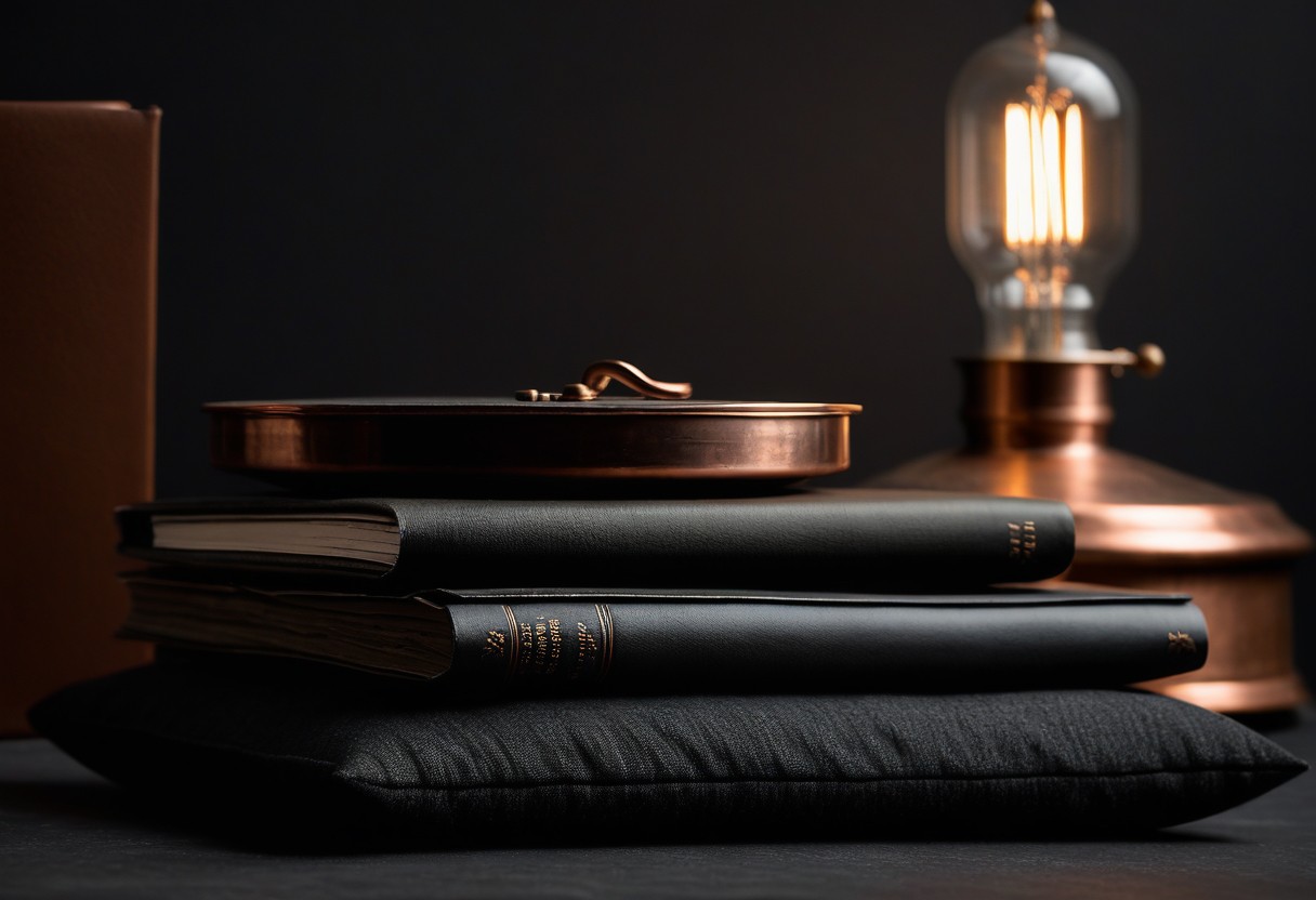 Two closed matching journals rest side by side on a soft cushion beneath warm lamplight.