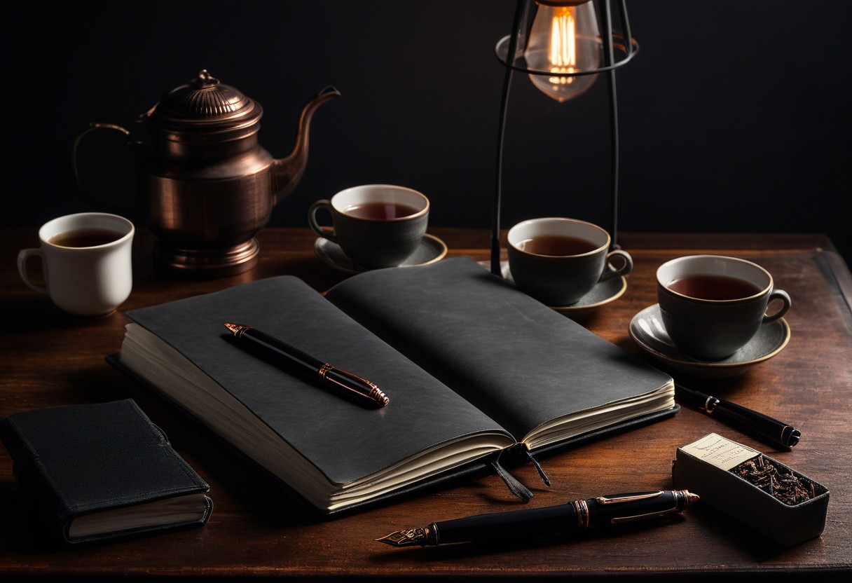 Open notebook with fountain pen across pages, warm lamplight, two tea cups on dark desk.